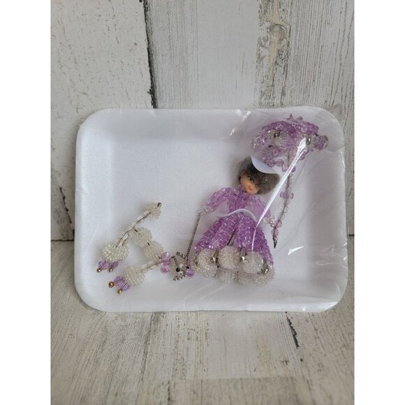 Vintage Victorian Beaded woman poodle umbrella ornament xmas - Picture 1 of 8